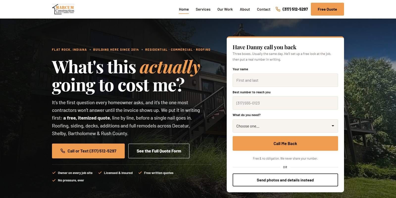 Homepage of Marcum Construction, Flat Rock, Indiana